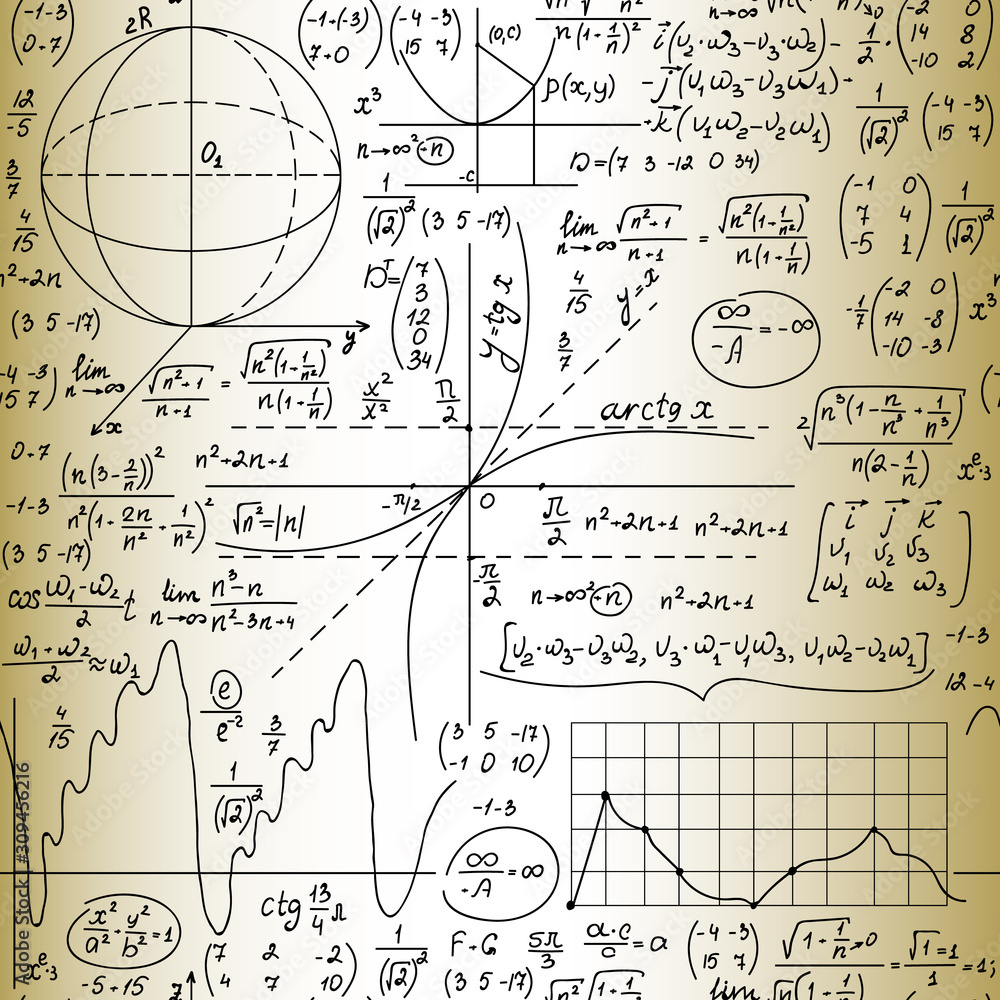 Scientific vector seamless pattern with math formulas, figures and equations, handwritten on the old paper