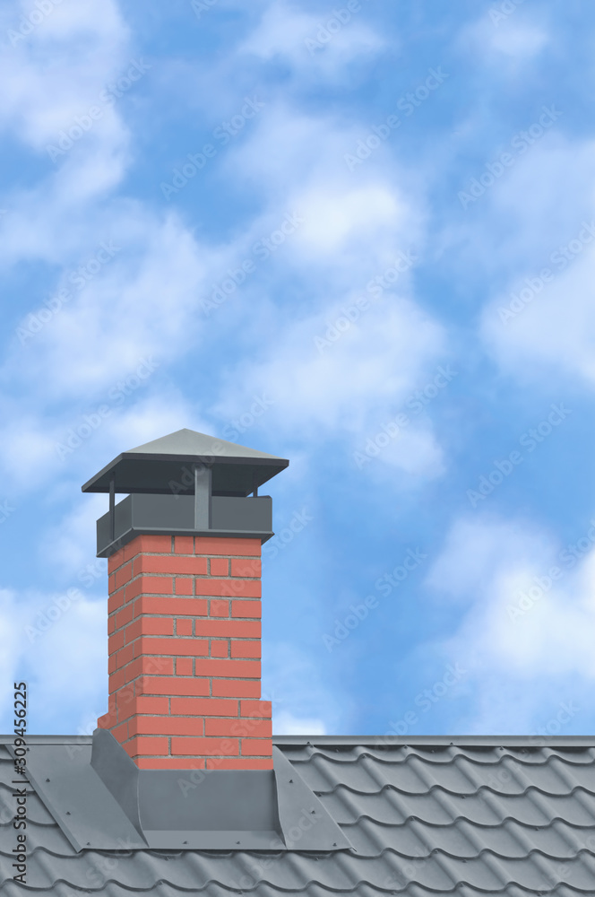 Red Brick Chimney Grey Steel Tile Roof Texture Gray Tiled Roofing Vertical Closeup. Modern Residential House Rooftop Tiles Textured Pattern. Bright Sunny Sky Summer Clouds Property Real Estate Concept Red Brick Chimney Grey Steel Tile Roof Texture Gray Tiled Roofing Vertical Closeup. Modern Residential House Rooftop Tiles Textured Pattern. Bright Sunny Sky Summer Clouds Property Real Estate Concept
