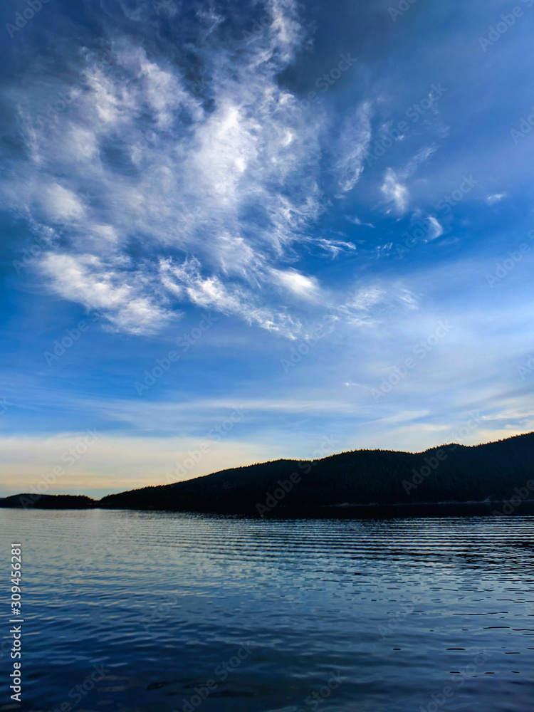 View of the San Juan Islands from the Anacortes Ferry in Washington.