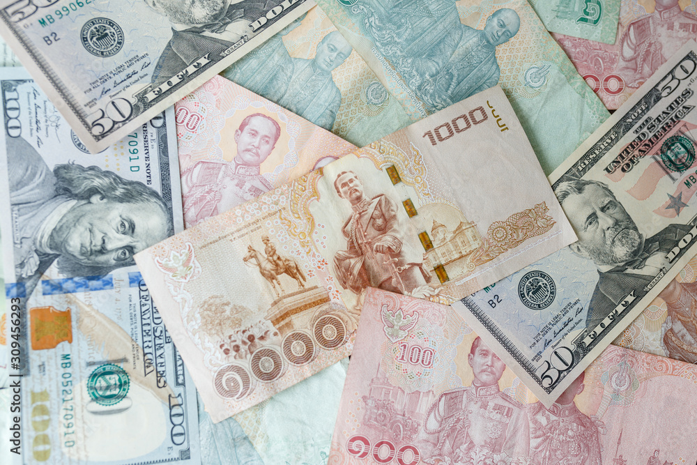Close up Thai money note and dollars using as background stacking, Business concept Close up Thai money note and dollars using as background stacking, Business concept