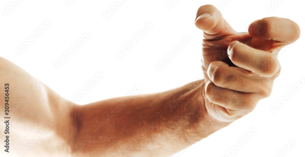 Man's palm clenches a fist isolated on a white