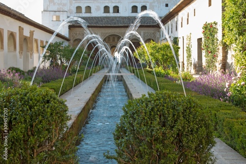 Generalife garden fountains. Alhambra palaces complex, Granada, Spain