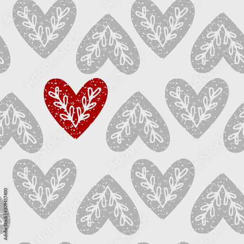 Seamless pattern of hearts with ethnic branch.