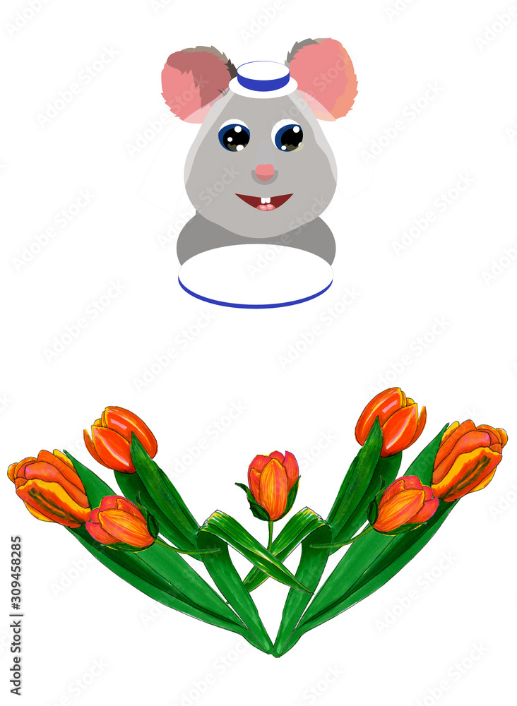 Naklejka premium beautiful gray mouse with blue eyes in a white hat with a translucent veil and in a white dress. Tulips are drawn by hand with markers. Making greeting cards, etc.