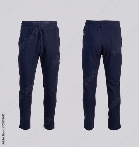 dark blue sweatpants Front and back view isolated on white background photo