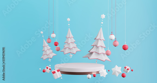 3D rendering of New Year concept.Set of colorful Christmas balls,trees and star on empty circle pedestal. Abstract minimal concept, luxury minimalist mockup