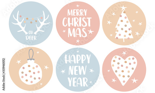 Merry Christmas. Happy New Year.Cute Vector Stickers with Dotted Bauble,Heart and Christmas Tree Isolated on a Beige and Light Red Background.Deer Antlers on a Blue.Simple Christmas Round Shape Tags.