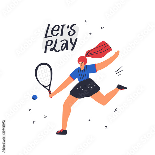 Tennis player exercising hand drawn vector illustration. Sportswoman with handwritten lettering composition. Female athlete playing racquet sport flat character. Girl hitting tennisball