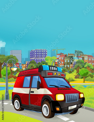 cartoon scene with fireman vehicle on the road - illustration for children