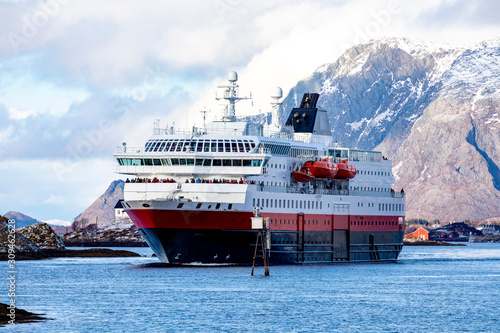 Coastal ships departure from Bronnoysund harbor, Northern Norway	
