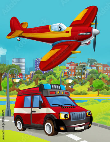 cartoon scene with fireman vehicle on the road driving through the city and plane flying over - illustration for children