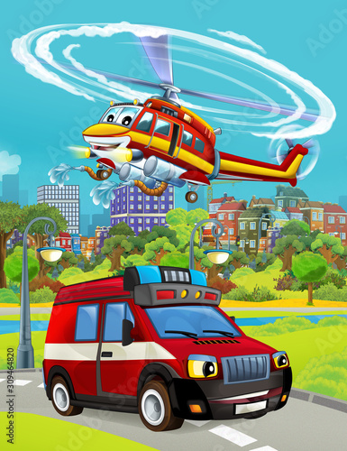 cartoon scene with fireman vehicle on the road driving through the city and helicopter flying over - illustration for children