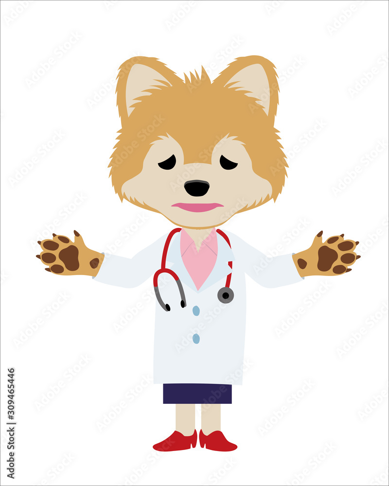 イラスト素材 犬を擬人化したお医者さん 獣医師 のキャラクター ポメラニアン 困惑のポーズ Stock Vector Adobe Stock
