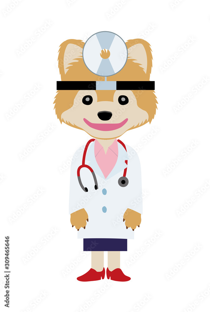 イラスト素材 犬を擬人化したお医者さん 獣医師 のキャラクター ポメラニアン 反射鏡 耳鼻科 Stock Vector Adobe Stock
