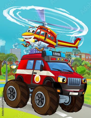 cartoon scene with fireman vehicle on the road driving through the city and helicopter flying over - illustration for children