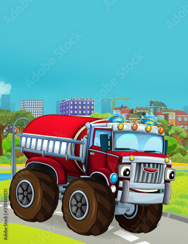 cartoon scene with fireman vehicle on the road - illustration for children © honeyflavour