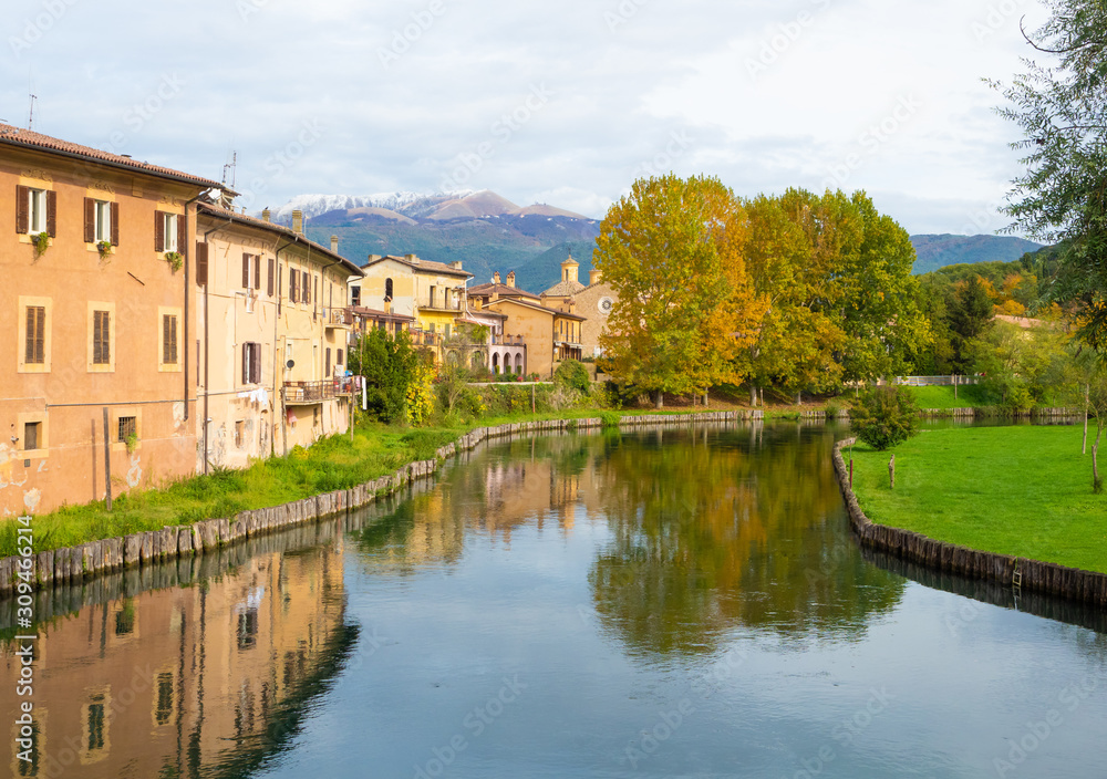 Rieti (Italy) - The historic center of the Sabina's provincial capital, under Mount Terminillo and crossed by the river Velino, during the autumn with foliage.