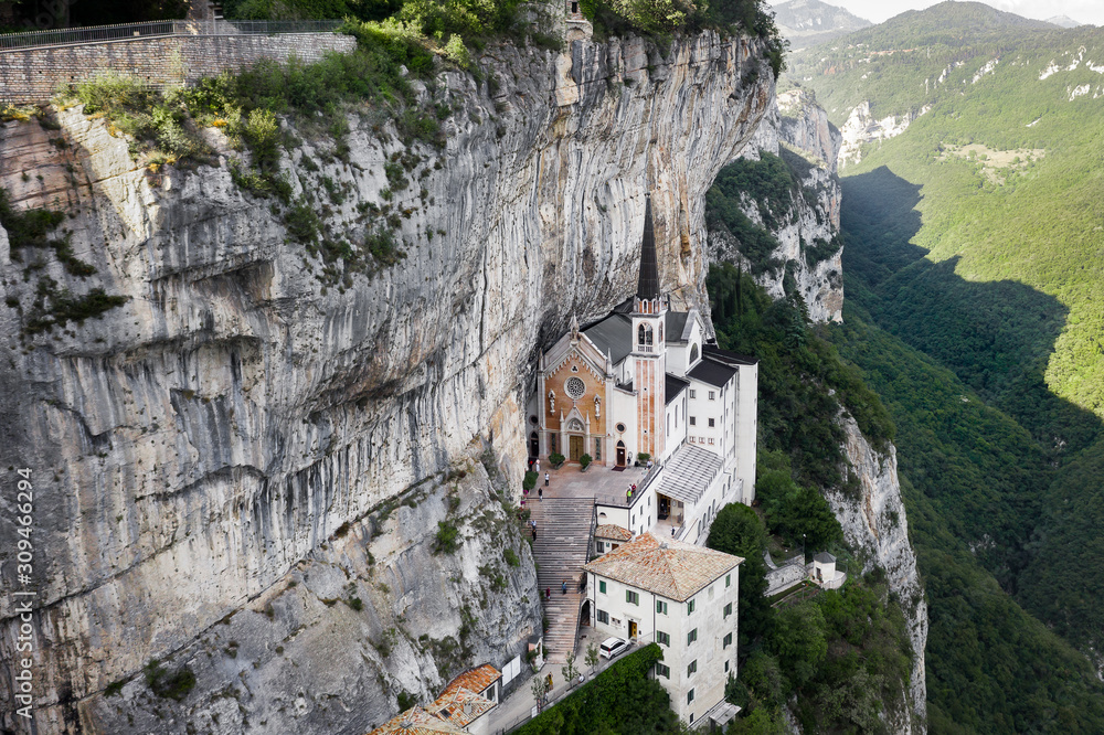 Aerial Panorama View of Madonna della Corona Sanctuary, Italy. The Church Built in the Rock.