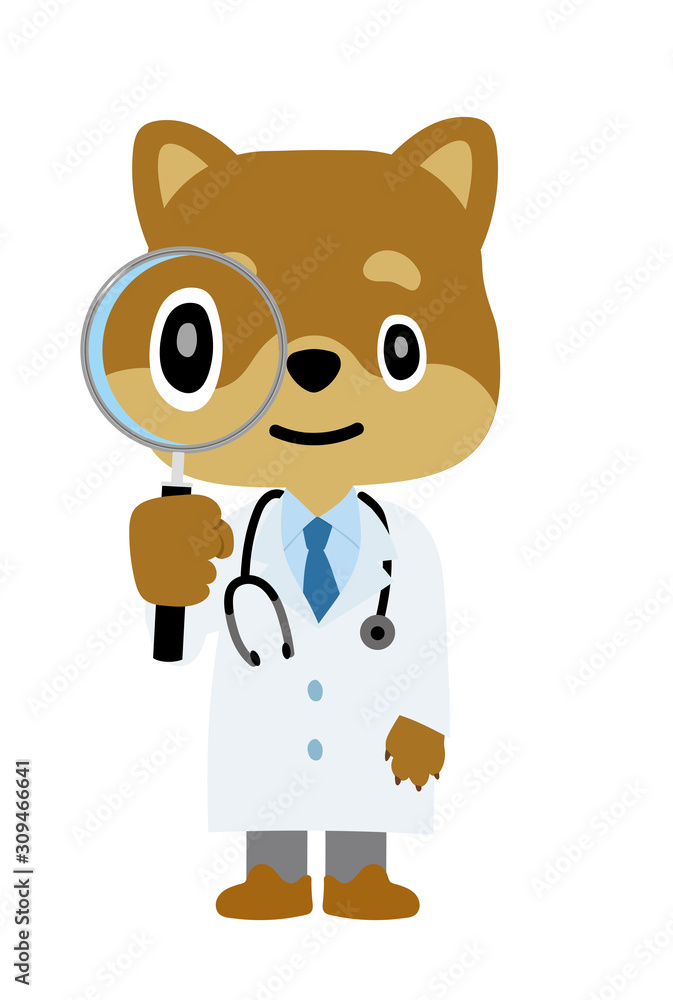 イラスト素材 犬を擬人化したお医者さん 獣医師 のキャラクター 柴犬 虫眼鏡 Stock Vector Adobe Stock