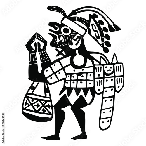 Silhouette of ancient Peruvian fantastic character. Praying Moche man. Ethnic motif of Mochica Indians.