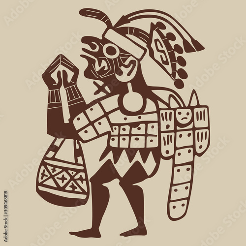 Silhouette of ancient Peruvian fantastic character. Praying Moche man. Ethnic motif of Mochica Indians.	