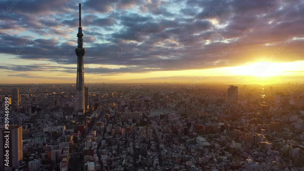 Aerial view 4k video by drone of building tokyo sky tree in Tokyo city Japan on sunrise.