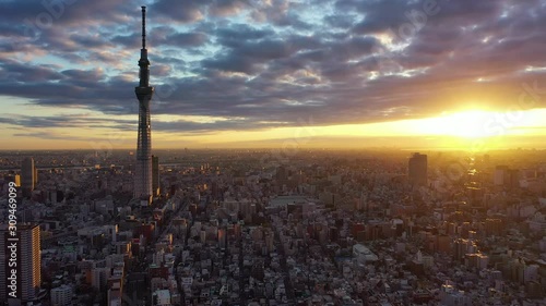 Aerial view 4k video by drone of building tokyo sky tree in Tokyo city  Japan on sunrise. photo