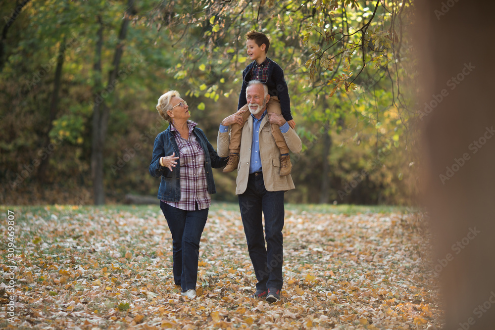 Joyful grandparents walking with their grandson through the park in autumn. Grandson is on grandfather's shoulders. Joyful grandparents walking with their grandson through the park in autumn. Grandson is on grandfather's shoulders.