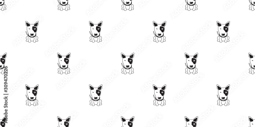 Vector cartoon character bull terrier dog seamless pattern background for design.