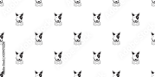 Vector cartoon character bull terrier dog seamless pattern background for design. © jaaakworks