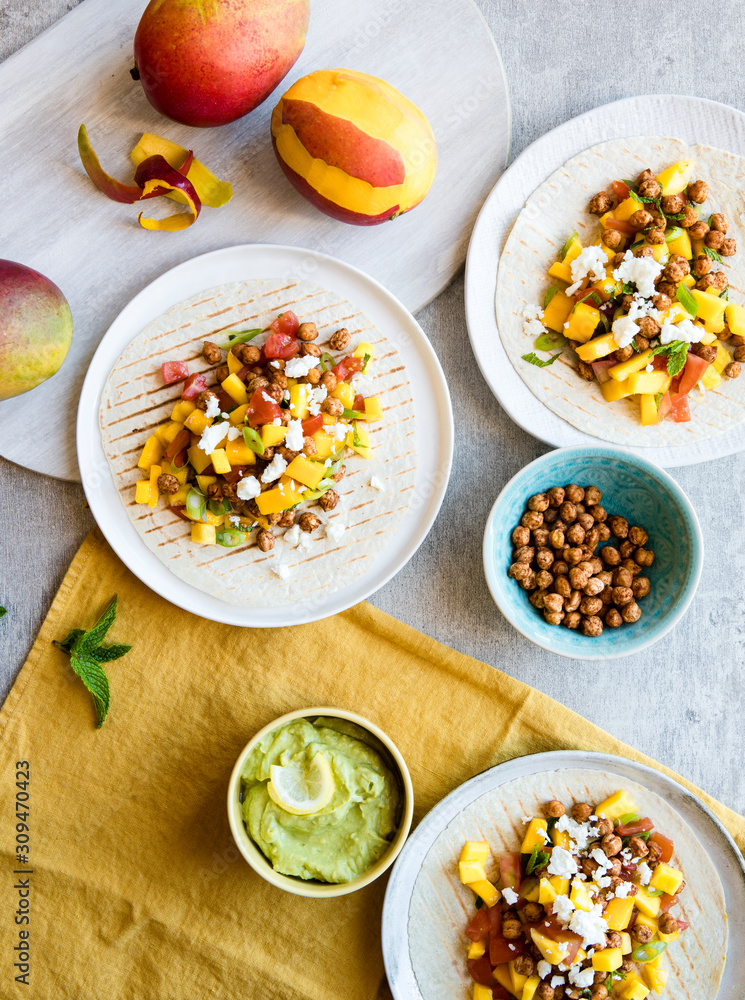 Roasted chickpea tortilla wrap with mango salsa Roasted chickpea tortilla wrap with mango salsa