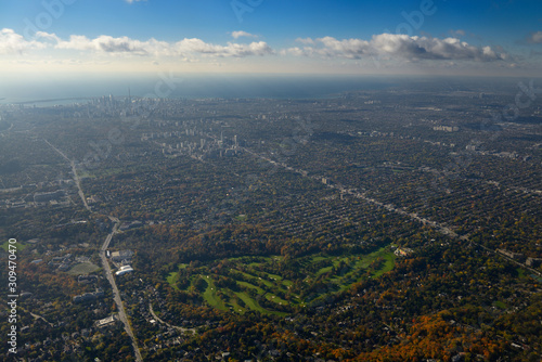 Aerial view of downtown Toronto from Bayview Avenue Rosedale Golf Club and Yonge Street