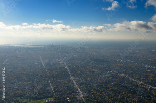 Photography Aerial view of downtown Toronto along Yonge Street and Lake Ontario