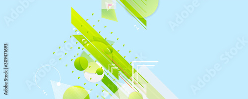 Banner summer ecology poster triangle vector minimal geometric hipster white background. Green and yellow lines and points natural