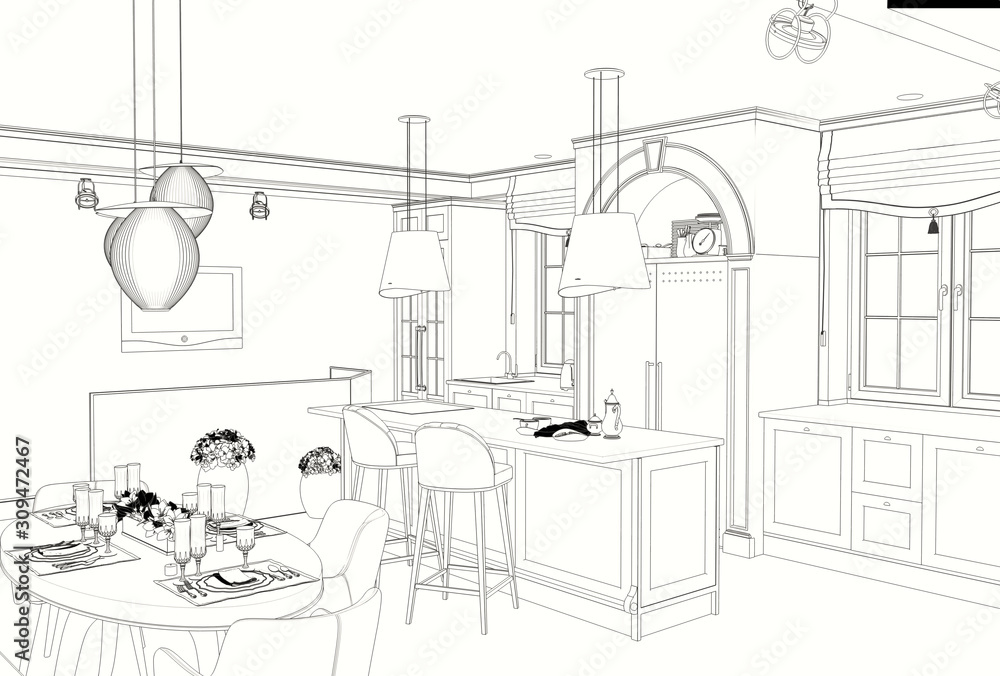 Fototapeta premium interior contour visualization, 3D illustration, sketch, outline
