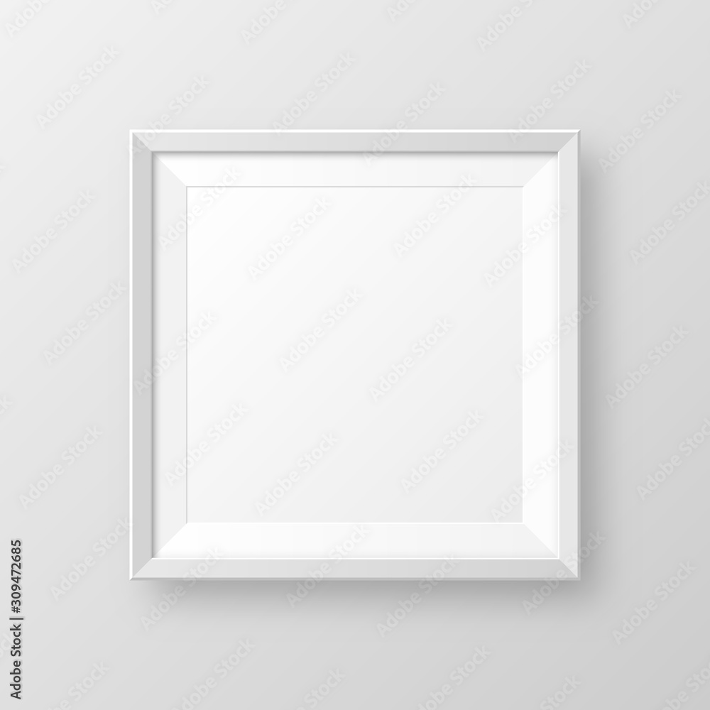 Realistic blank white picture frame with shadow isolated on gray background. Modern poster mockup. Empty photo frame for art gallery or interior. Vector illustration. Realistic blank white picture frame with shadow isolated on gray background. Modern poster mockup. Empty photo frame for art gallery or interior. Vector illustration.