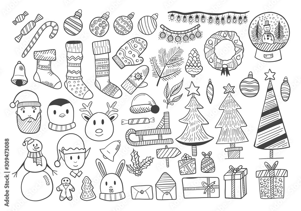 Set of Christmas Doodles. Set for menu decoration, websites, banners, presentations, backgrounds, posters, blogs and social networks. Vector illustration.