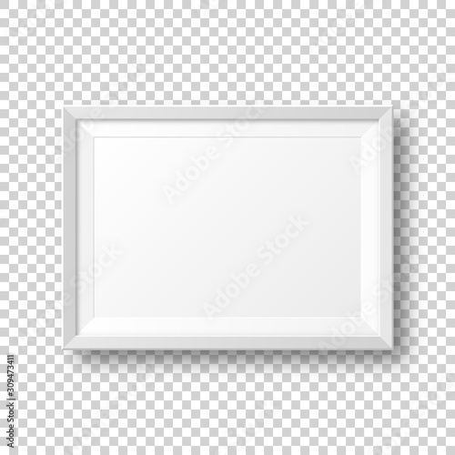 Realistic blank white picture frame with shadow isolated on transparent background. Modern poster mockup. Empty photo frame for art gallery or interior. Vector illustration.