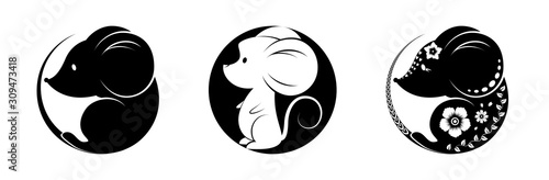 Cute mouse in a circle and circle mouse silhouette. The body of the rodent is decorated with traditional oriental ornaments. Vector monochrome illustration isolated on white background.