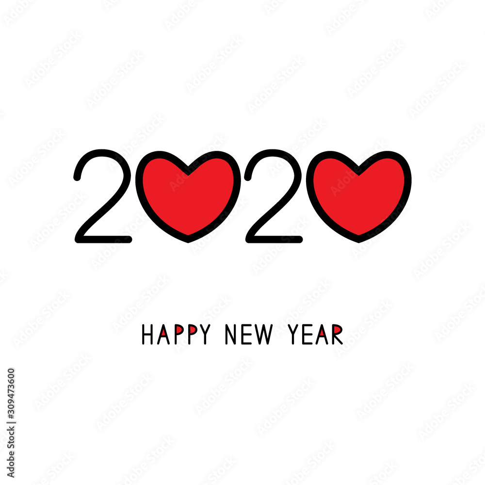 Happy New Year 2020. Red hearts. Happy New Year 2020. Red hearts.