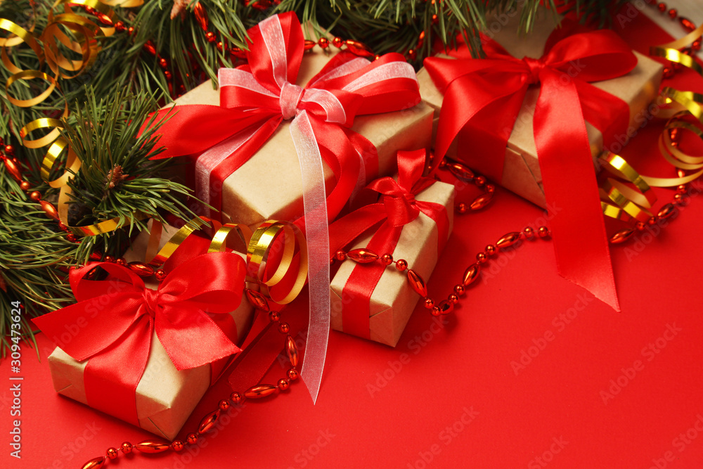 Bright New Year background with packed gifts Bright New Year background with packed gifts