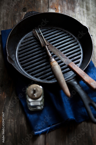 Stove top griddle pan, grill pan or steak frying pan photo