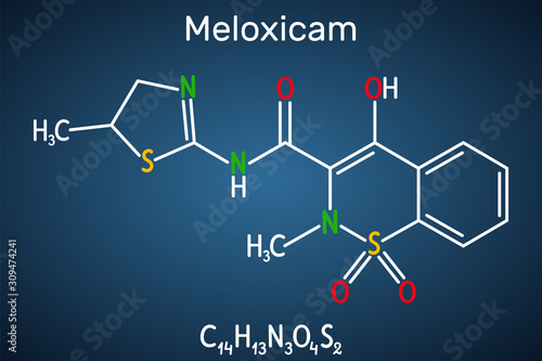 Meloxicam C14H13N3O4S2 molecule. It is a nonsteroidal anti-inflammatory drug NSAID. Structural chemical formula on the dark blue background.