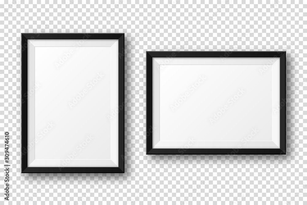 Realistic blank black picture frame with shadow isolated on transparent background. Modern poster mockup. Empty photo frame for art gallery or interior. Vector illustration. - obrazy, fototapety, plakaty 