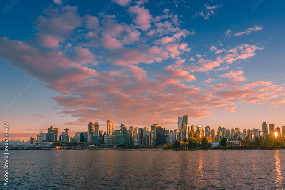 Vancouver city with red sunset clouds