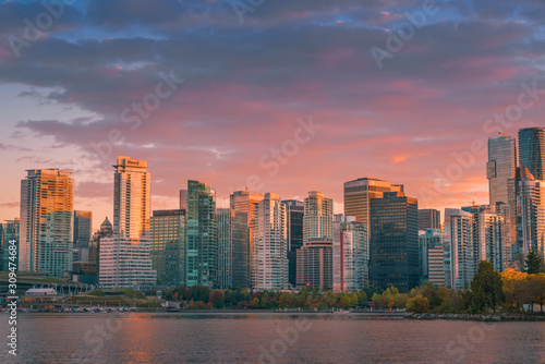 Vancouver downtown in red sky evening