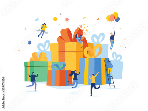 Group of happy people with pile of big gift box, online reward, vector illustration concept, can use for landing page photo