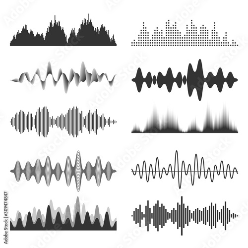 Sound waves collection. Analog and digital audio signal. Music equalizer. Interference voice recording. High frequency radio wave. Vector illustration.