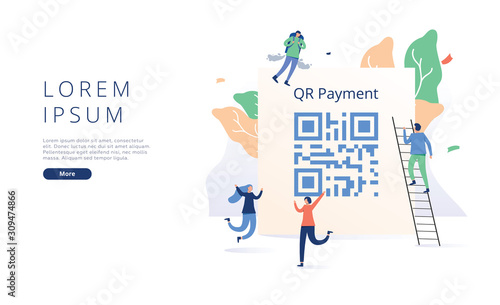 QR code scanning vector illustration concept, people use and scan qr code for payment. QR code on paper for detail