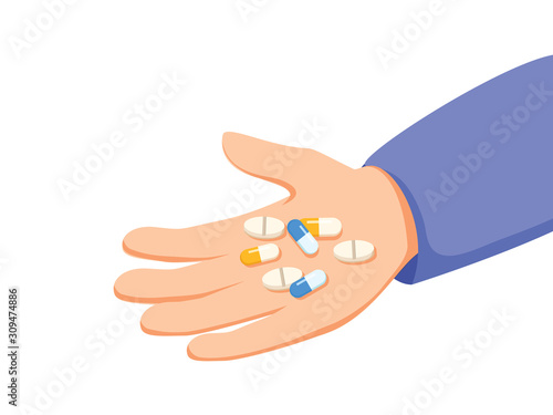 Human hand holds pile of pills and tablets isolated from background. Concept of medication treating illness or disorder.